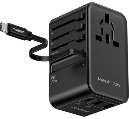 MOMAX Universal Travel Adapter, 70W Gan International Power Plug Adapter with 2 USB C +2 USB A(PD3.0&QC3.0), All-in-One Worldwide Wall Charger for USA European UK AUS (Type C/G/A/I)