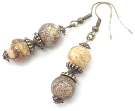 Boucles d'oreilles en perles de jaspe marron et perles tibétaines en bronze antique