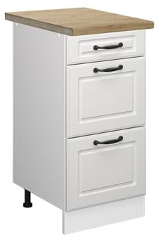 Vicco Küchenunterschrank R-Line, Weiß Landhaus/Weiß, 40 cm mit Schubladen, AP Eiche