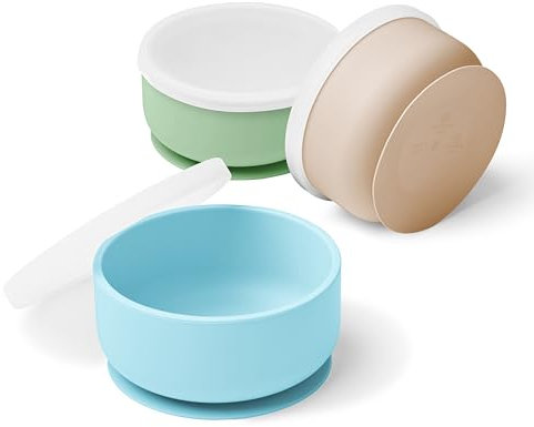 Navik | Set bol ventouse pour bébé avec couvercle en silicone | bol bebe anti renversement | bol bebe 1er age | coffret repas | Bleu, vert et beige
