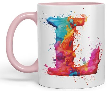 Vixar Letter L Mug, Alphabet Letter L Monogram Watercolour Ceramic Coloured Mug Cup for Tea Coffee Hot Brew 330ml 11Oz Gift (Pink)