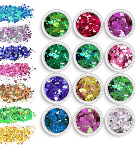 12pcs face Glitter Cosmetic Glitter,Chunky Glitter,Festival Glitter,Nail Glitter Powder,Festival Cosmetic Glitter for Face Body Eye Hair Nail and Painting DIY Art,Brightly Coloured Festive Accessories