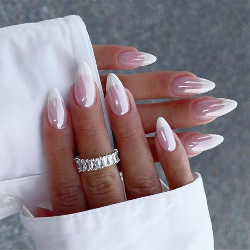 MouyouGlow Press on Nails Kurz,Almond Nude Rosa Glazed Donut Weiß French Hailey Bieber Fake Nails mit Nagelkleber,Pink Base White French Chrome Künstliche Fingernägel