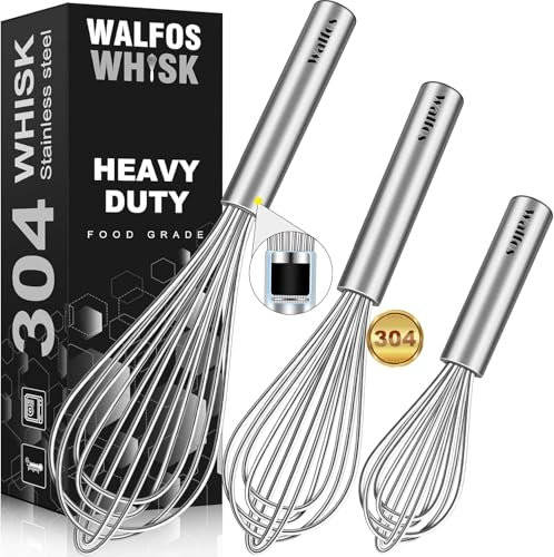 Walfos® Schneebesen 3 Stück, 304 Non-Rust Schneebesen Edelstahl, Hitzebeständig 600°F, Ballonschneebesen 18cm, 23cm, 28cm zum Anrühren von Salatdressings oder zum Aufschlagen eines Eies,Silber