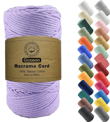 3mm x 200m Macrame Cord Cotton Cord - 4 Strand Twisted Natural Cord for Wall Hanging, Plant Hangers, Crafts, Knitting(Light Purple)
