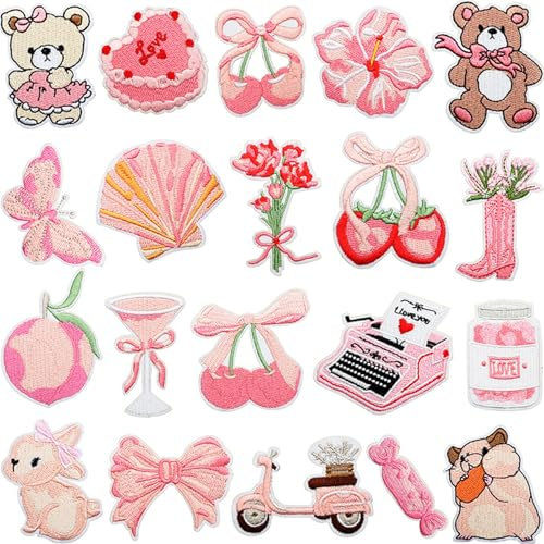 BSITSSS 20pcs Patches for Clothing Pink Pattern Embroidered, Iron on Patches for Clothing, Cute Clothes Patche, Iron-on Patche for Clothes for Jackets Hats Backpacks Jeans DIY Craft