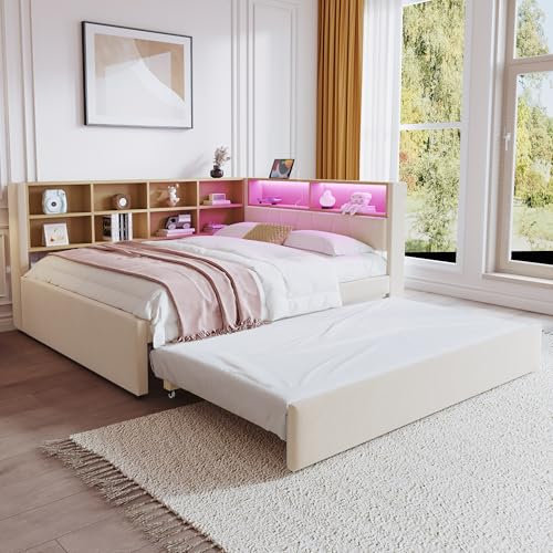 Merax Schlafsofa 140 x 200 cm, mit Ausziehbett 90 x 190 cm, Schlafcouch Ausziehbar mit LED Leuchten und Ablagefächern, Flanell, Beige (Ohne Matratze)