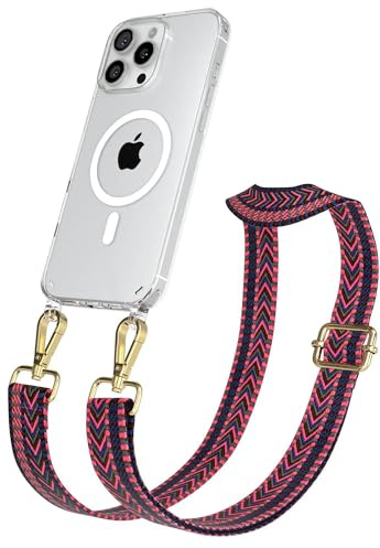 EAZY CASE Handykette - Verstellbares Taschenband kompatibel mit iPhone 16 Pro Max, Schulterriemen, Handykordel mit Silikon Hülle, Qi Charging kompatibel, Umhängetasche, Pink Blau Gold