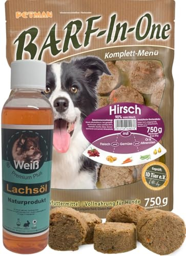 petman Barf-in-One Hirsch, 7 x 750g-Beutel, + Weiß-Premium Lachsöl 100ml Tiefkühlfutter, gesunde, natürliche Ernährung für Hunde, Hundefutter, Barf, B.A.R.F.
