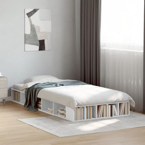 HaoChrymec Bettgestell Weiß aus Holzwerkstoff, Robustes Design, Stauraum für Bücher und Spielzeug, einzelbett, bettrahmen, Für Schlafzimmer, 100x200 cm
