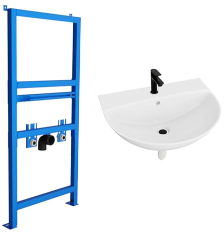 Lavita Waschbecken Komplettset – Wandwaschbecken Corel mit Armatur, Vorwandelement, Click-Clack-Ablauf, Siphon und Montageset, Weiß/Schwarz