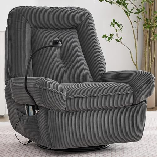 Kebnor Elektrisch Verstellbarer TV-Sessel, Massagesessel mit Massage- und Heizfunktion, 360° drehbarer Sessel, Wohnzimmer-Schaukelstuhl, USB-Anschluss mit Handyhalterung, Grey.