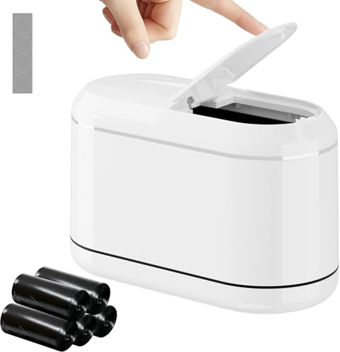 PAVSTINE Poubelle de Table Avec Couvercle Rabattable, Mini Poubelles Blanc | Conception À Double Chambre, Poubelles Rectangulaire Équipé de 5 Rouleaux de Sacs Poubelles et de 4 Tapis Antidérapants