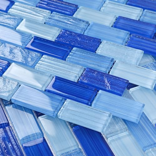 Lovdeco Carreaux de mosaïque en verre pour dosseret de cuisine, carrelage de piscine, douche de salle de bain, petit carrelage en verre de métro, bleu mélangé, 30,5 x 30,5 cm, 4,8 m².