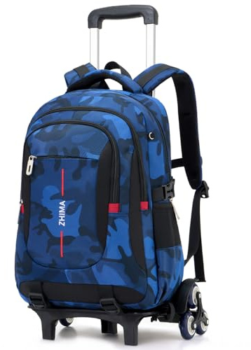 Lutuan Cartable a Roulette pour Garçons, 26L Sac à Dos Scolaire pour Adolescents avec Chariot Démontable, Sac d'école College Camouflage Trolley Daypack pour les Voyages, Bleu