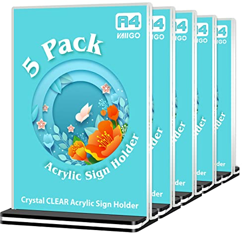 VAIIGO A4 Acrylic Sign Holder - A4 Perspex Display Stand, Double Sided Poster Menu Holder for Table, Restaurant, Hotel, Store, Office, Bar, Menu, Promotions, Documents Sign Holder (Black, 5Pack)