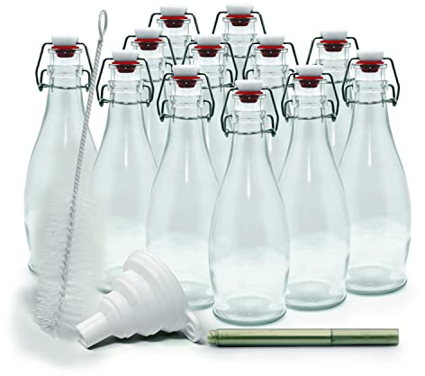 Mockins Set da 12 | 8,5 Oz. Set di bottiglie di vetro con tappo basculante e include spazzola per bottiglia, imbuto e pennarello in vetro dorato | bottiglia d'acqua in vetro trasparente