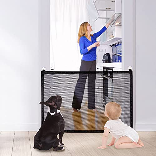 Nasjac Magic Gate for Dogs, 110cm Foldable Mesh Pet Stair Cat Gate Fence with Strong 3M Adhesive Hooks, Stairs Porch Protective Secure Guard to Keep Dogs Away for Small Kittens, Puppy, Baby