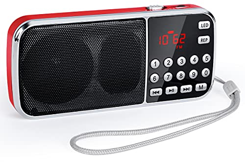 PRUNUS J-189 FM/UKW Kleines Radio mit Bluetooth, Kofferradio mit Heavy Bass Lautsprechern, TF/USB/AUX-Player, Digital Radio mit Akku Wiederaufladbare, LED-Taschenlampe(Rot)