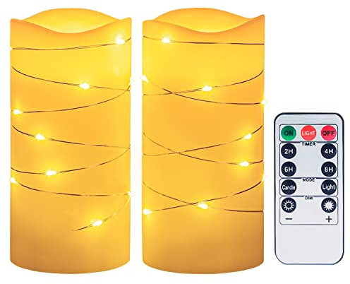 CANDLE IDEA 2PCS 3x6 Flameless Candles Battery Operated String of White Led Lights Wrapped Around Real Wax Pillar Candles with Remote and Timer