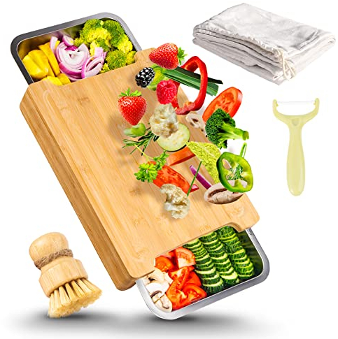 Rainsworth Bambus Schneidebrett mit Auffangschale - mit 3 Edelstahl Schüsseln und Safttrille - 40x30x7cm Groß Massive Multifunktional Schneidebretter Hoch - Gemüse Schneidebrett Bumbus mit Füßen