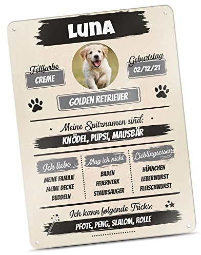 Hunde-Schild personalisiert - Metall-Poster Hunde-Steckbrief mit Foto & Name selbst gestalten - Lustiges Geschenk für Hundebesitzer, Vierbeiner - Blech-Schild A4, 21x30 cm