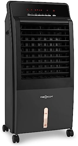 OneConcept Aire Acondicionado 4 en 1, Climatizador de Aire 65 W con Ventilador, Humidificador, Purificador e Ionizador, 2x Packs de Hielo, Tanque de Agua 8L y con Mando a Distancia