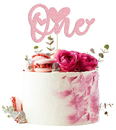 1Pcs Valentine's Day One Cake Topper with Heart Pink Glitter Sweet Love First Valentines Cake Picks Decorations for 1st Valentine's Day Theme Wedding Bridal Shower Birthday Party Supplies