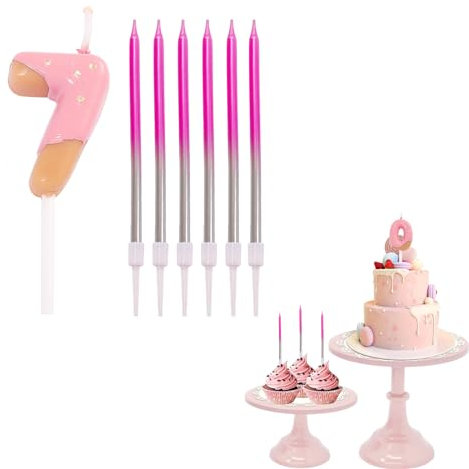 7th Birthday Candles-Chocolate Pink Number Candle 7,with 6pcs Long Candles for Cake,Birthday Cake Candles Cake Topper Decorations for Boys Girls Men Women Birthday Wedding Anniversary