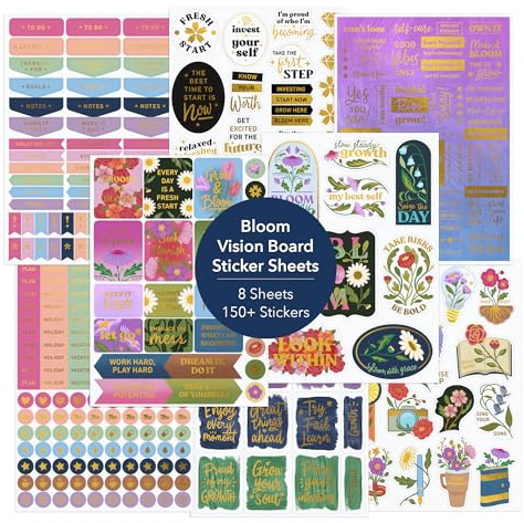 Navy Peony Bloom & Grow Vision Board-Aufkleber (340 Aufkleber, 8 Blatt) – inspirierende Aufkleber mit Goldfolie für Planer, Tagebuch, Vision Board-Party