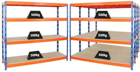 PROREGAL Mega Deal | 4X Profi Schwerlastregal Rhino | HxBxT 180x200x60cm | 4 Spanplatten-Ebenen 8mm | Fachlast 500kg | Blau-Orange | Garagenregal Lagerregal Steckregal Weitspannregal