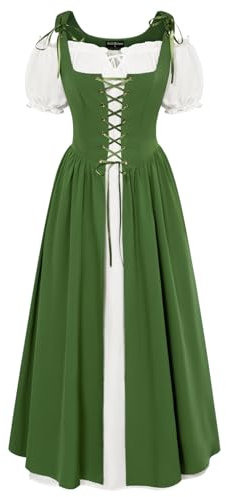 SCARLET DARKNESS Ladies Renaissance Cottagecore Dresses for Women UK Off Shoulder Lace up Maxi Pirate Peasant Dress 2Pcs Green XL