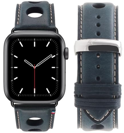 ETERNEL - Cinturino compatibile con Apple Watch Rallye blu navy 44/45/46/49 mm adattatori alluminio grigio siderale/mezzanotte- Pelle di vacchetta realizzata in Francia - Compatibile tutti Apple Watch