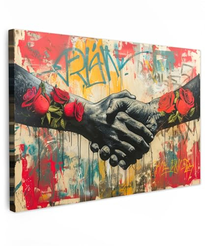 MuchoWow© Wandbilder 90x60 cm Schlafzimmer Home Deko Wohnung Bild Wohnzimmer Fotoleinwand Wand Bilder Leinwand Wall Decor Graffiti - Rosen - Hände - Street art - Banksy