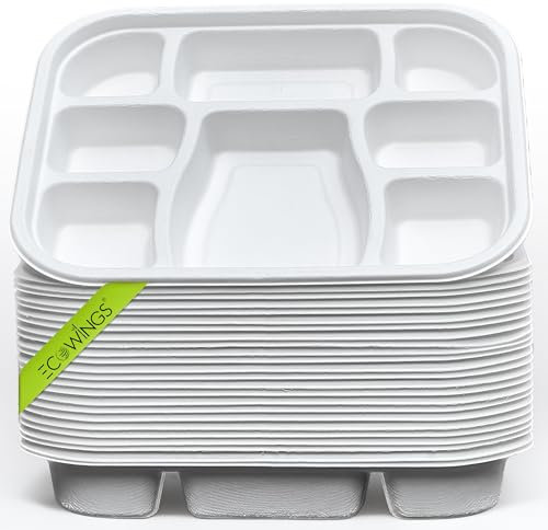 ECOWINGS Disposable Plates - 8 Compartments. Pack of 25 Bagasse Biodegradable Plates with Deep Portions. Eco-Friendly, Sturdy, and Stylish Solution for Parties and Thali-Style Presentations