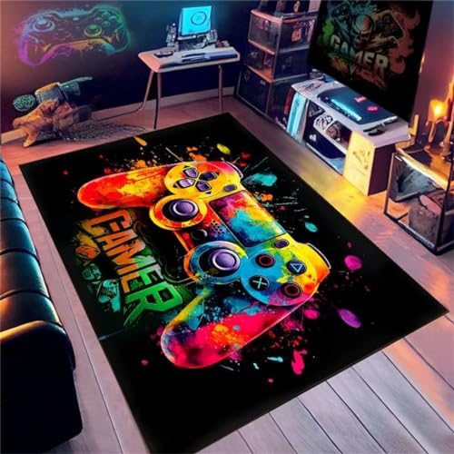 PEIHUODAN Tapis Chambre Ado Gamer 3D Tapis Sol Gaming Deco Chambre Garcon Enfant Moderne Antidérapant Ciel étoilé Néon Coloré Graffiti Console De Jeu Flanelle Doux Carpets (Vert,120x180cm)