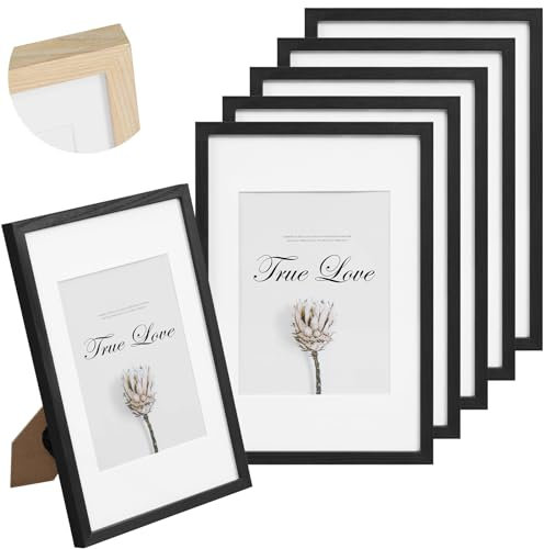 EUGAD 5er Set Bilderrahmen 13x18 cm, Massivholzrahmen mit Passepartout, Fotorahmen mit bruchsicherem Acrylglas, zum Aufhängen & Aufstellen, für Fotos Bilder, Schwarz