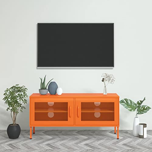Homgoday Meuble TV Orange 105x35x50 cm Acier Banc TV, Support de Télévision avec 2 Portes et 1 Étagère, Armoire TV pour Salon, Chambre