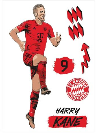 K&L Wall Art FC Bayern München Wandsticker FCB Fußballspieler Logo Fußball Mittelstürmer Wandtattoo - Offizielles Lizenzprodukt (Comic, Harry Kane) 68x100 cm