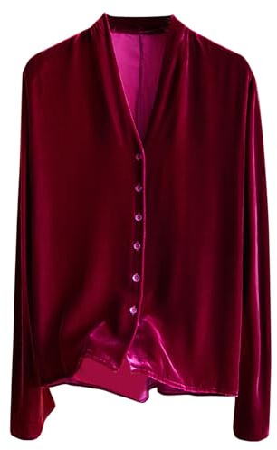 Chemises en velours pour femme - Style rétro - Manches longues - Col en V - Manches longues - Coupe droite - Élégante fête, soirée, mariage, A15-rouge., 3XL