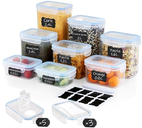 Ordeluxe Lot de 8 Boîtes de Conservation Alimentaire, système double couvercles (verseur + hermétique), boîtes hermétiques sans BPA empilables, organisation cuisine pour pâtes, céréales, café, snacks