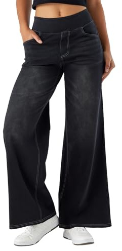 SotRong High Elastic Waisted Baggy Wide Leg Pull On Jeans with Multiple Pockets Tummy Control Straight Leg Casual Loose Stretchy Curve Plazzo Denim Pants