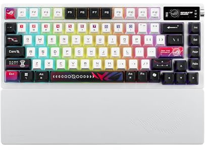 ASUS ROG Azoth X Personalised Gaming Keyboard, ROG NX Snow V2 Switch and Shock Absorbing Foam, Semi Transparent Keycaps, RGB Lighting, OLED Display, Wrist Rest, White
