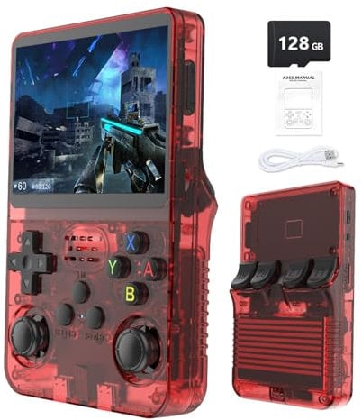 R36S Retro Handheld Game Console with 3.5 IPS Display, 64/128GB and 21,000+ Classic Games, Open Source Linux System, Screen Portable Pocket Video Player (Red-128G)