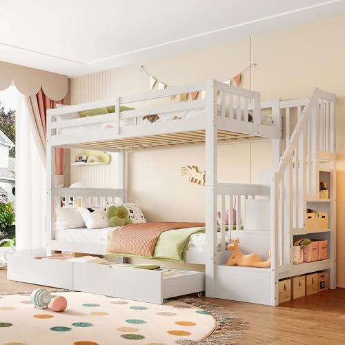 TOBIDOEN 90 x 200 cm Etagenbett Kinderbett mit Rausfallschutz und Lattenrost, Praktische Stauraumgestaltung mit 2 Schubladen und Treppe Lagerregal, Ohne Matratze, Kiefer+MDF (Weiß, 90x200)