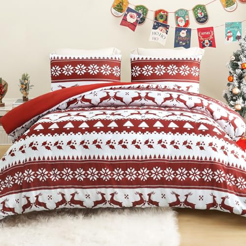 Exclusivo Mezcla Weihnachts-Bettdecke 220GSM ohne Bezug, 200x200 cm | Warme und Weiche Schlafdecke Steppdecke mit 2 Kissenbezügen 50x75 cm, Rot gestreiftes Design mit Rentieren und Schneeflocken