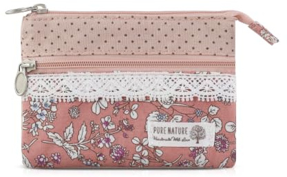 AfitLulu Kleines Portemonnaie Damen Canvas Geldbeutel Damen Klein, 2 Lagen Reißverschlusstaschen Mini Geldbörse Bohème-Stil Mini Portemonnaie für Münzen, Bargeld und Karten (Altrosa)