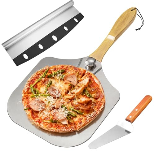 Mokaskaidj 3 Pcs Pala Pizza, Cortador Pizza Profesional de Acero Inoxidable | Pala Plegable de Aluminio Con Mango Madera, Cortapizzas con Mango Anti-Deslizante para Barbacoa Cocinar Pizzza, Pan