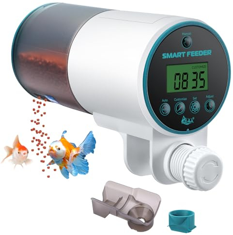 AQQA Automatic Fish Feeder for Aquarium, 230ml Large Capacity Fish Auto Feeder with LCD Display, 4/6/8/12/24/48H Timer for 14-Day Holiday, Feeding Port Automatic Alignment