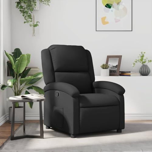 Fauteuil inclinable manuel en cuir véritable noir, Siège relax avec repose-pieds et dossier réglable jusqu'à 135°, Confort salon et bureau, Cadre bois métal stable pour longue durée, max 110 kg